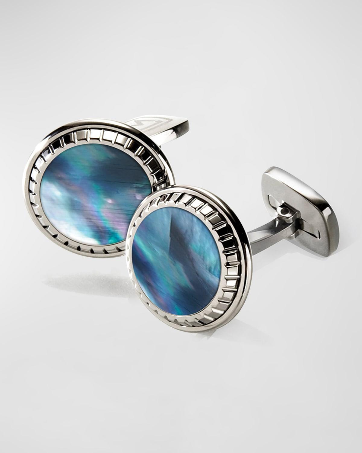 M Clip Men's Gray Mother-Of-Pearl Round Cufflinks - Silver Product Image