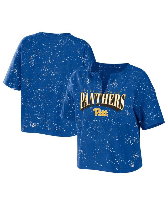 Womens WEAR by Erin Andrews Royal Pitt Panthers Bleach Wash Splatter Cropped Notch Neck T-Shirt Product Image