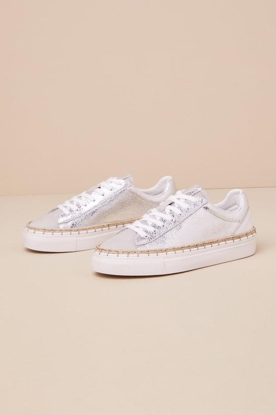 Scotty Silver Raffia Stitched Leather Lace-Up Sneakers Product Image