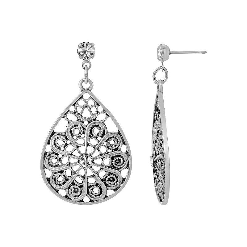 1928 Silver Tone Crystal Teardrop Filigree Drop Earrings, Womens, White Product Image