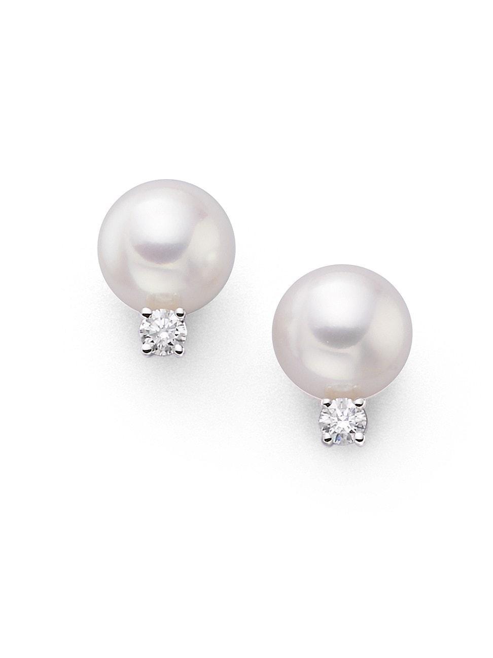 7MM White Cultured Akoya Pearl, Diamond & 18K White Gold Earrings Product Image