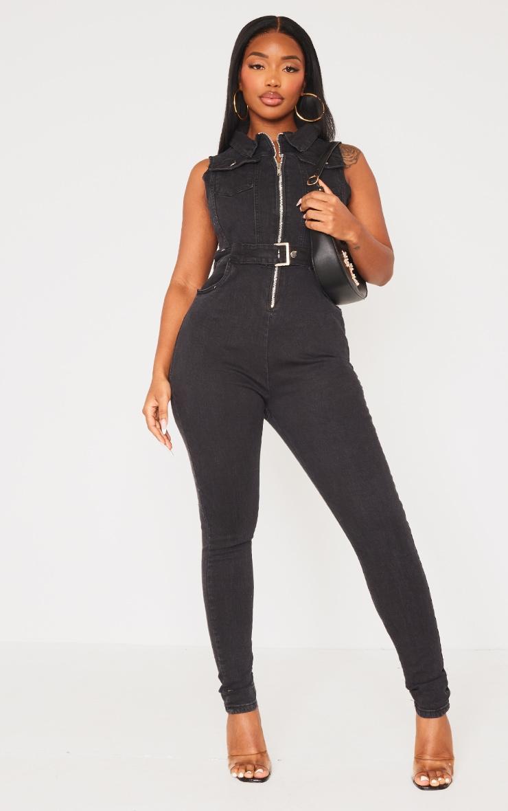 Shape Black Belted Detail Stretch Denim Jumpsuit Product Image