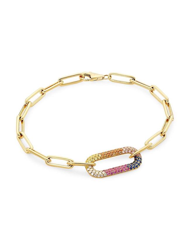 Womens 14K Yellow Gold, Sapphire & 0.09 TCW Diamond Paper-Clip Chain Bracelet Product Image