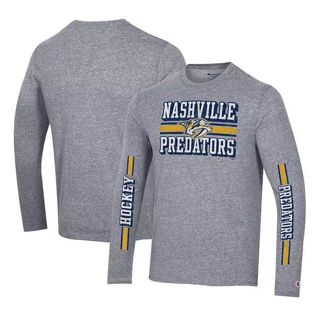 Mens Champion Heather Gray Nashville Predators Tri-Blend Dual-Stripe Long Sleeve T-Shirt Product Image