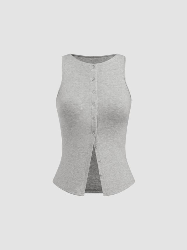 Round Neckline Solid Button Crop Tank Top Product Image