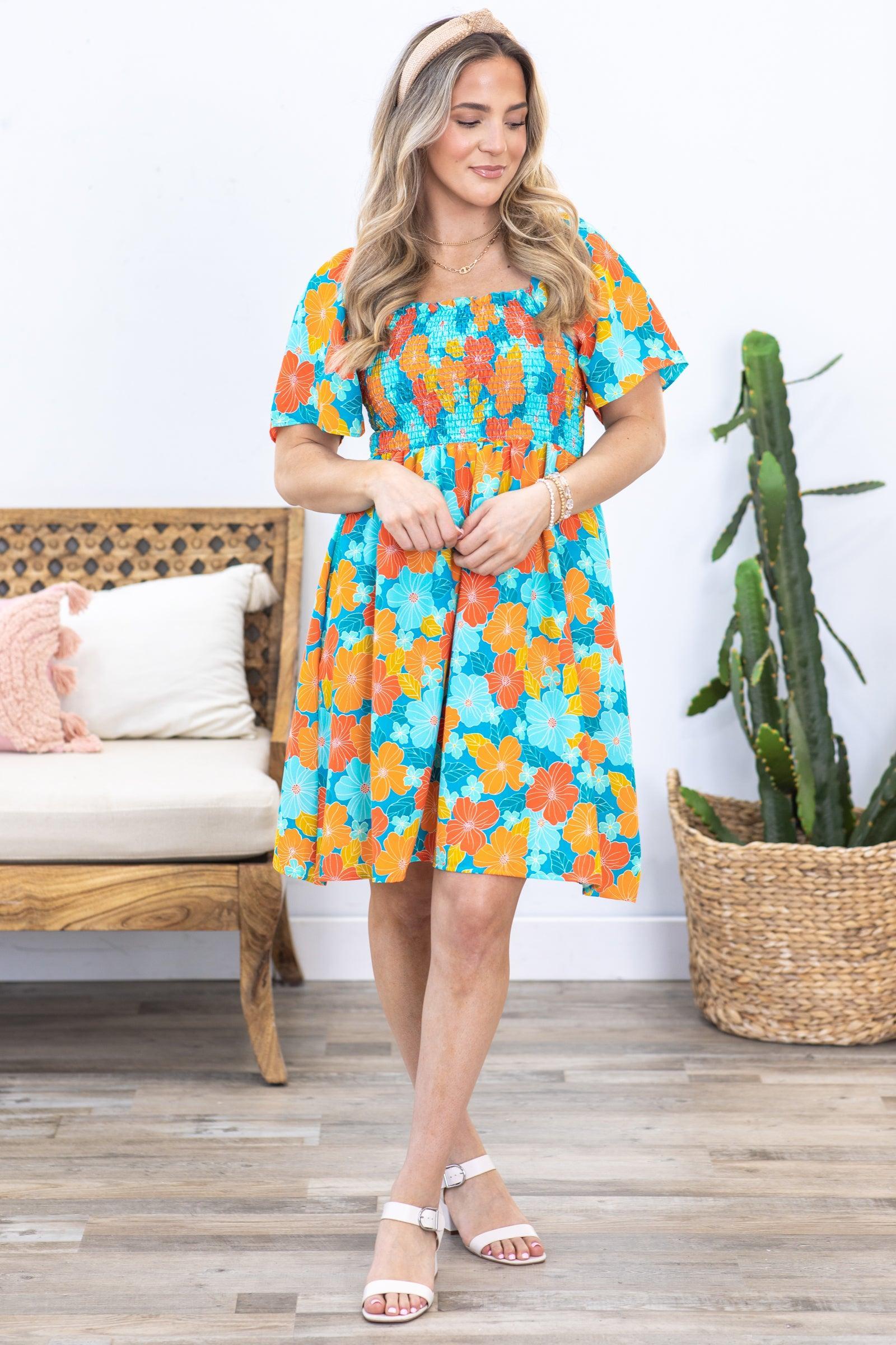 Turquoise and Orange Floral Smocked Dress Product Image