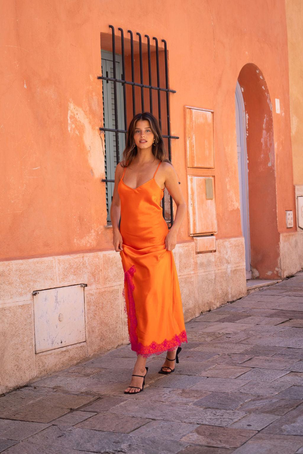 Gigi Orange Satin Maxi Dress Product Image