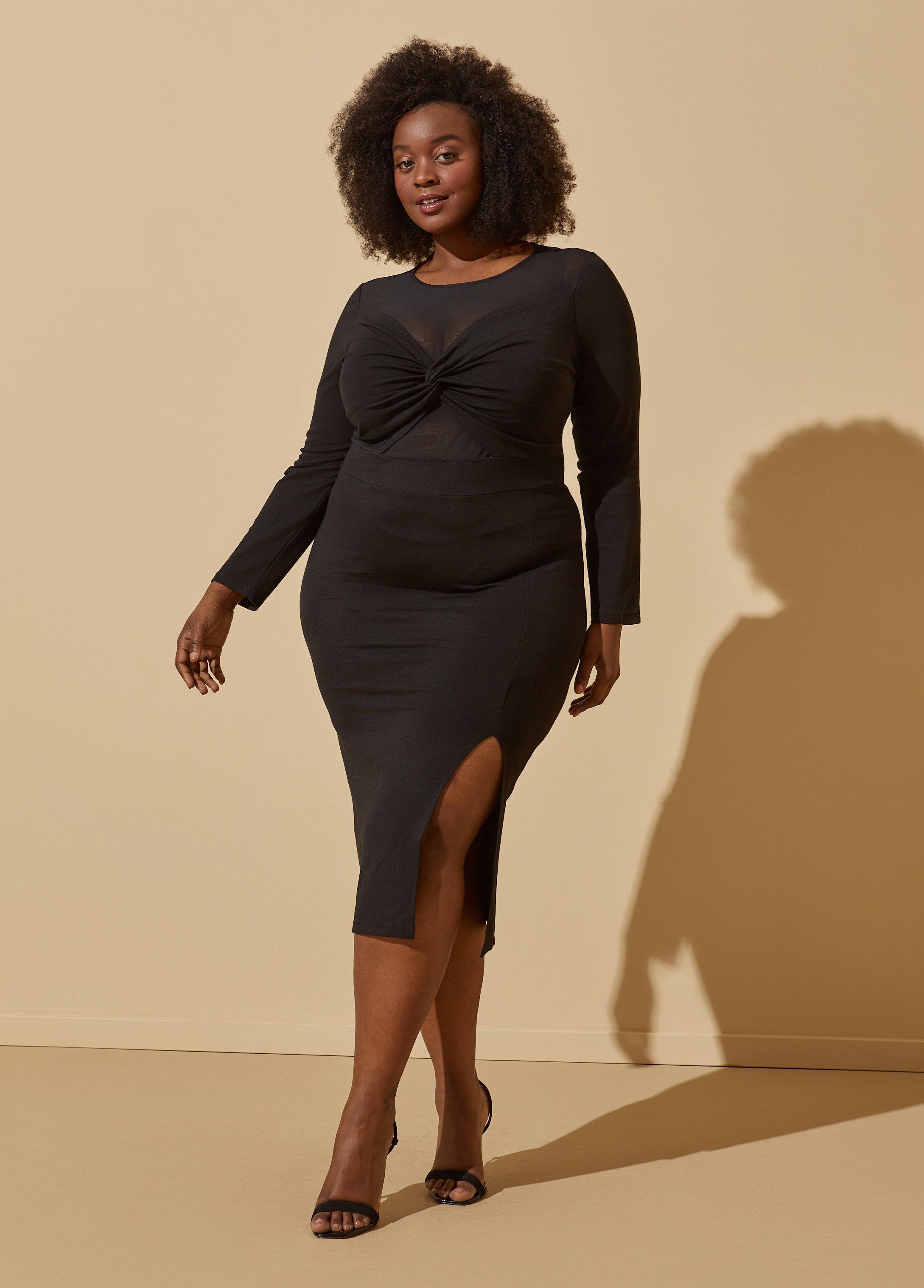 Plus Size Knotted Mesh Paneled Bodycon Dress Ashley Stewart Product Image