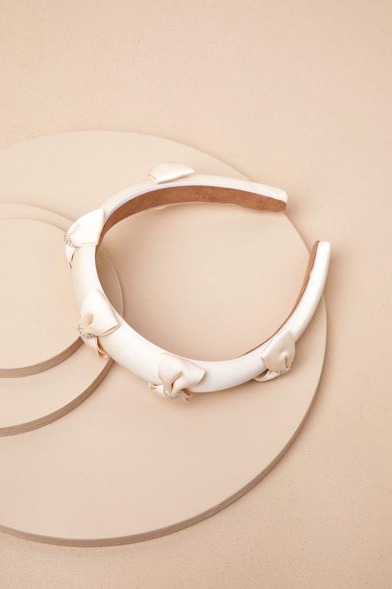 Precious Always Ivory Satin Rhinestone Bow Headband Product Image