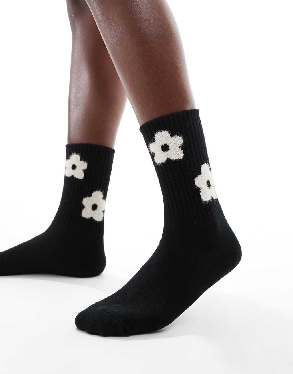 Glamorous flower embroidered socks in black  Product Image