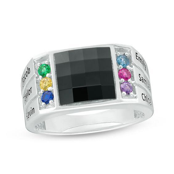 Men's 10.0mm Square Onyx and Birthstone Triple Row Ring (6 Stones and Names) Product Image