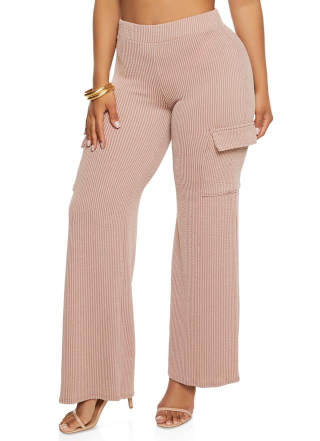 Womens Ribbed High Waist Cargo Pocket Wide Leg Pants Product Image