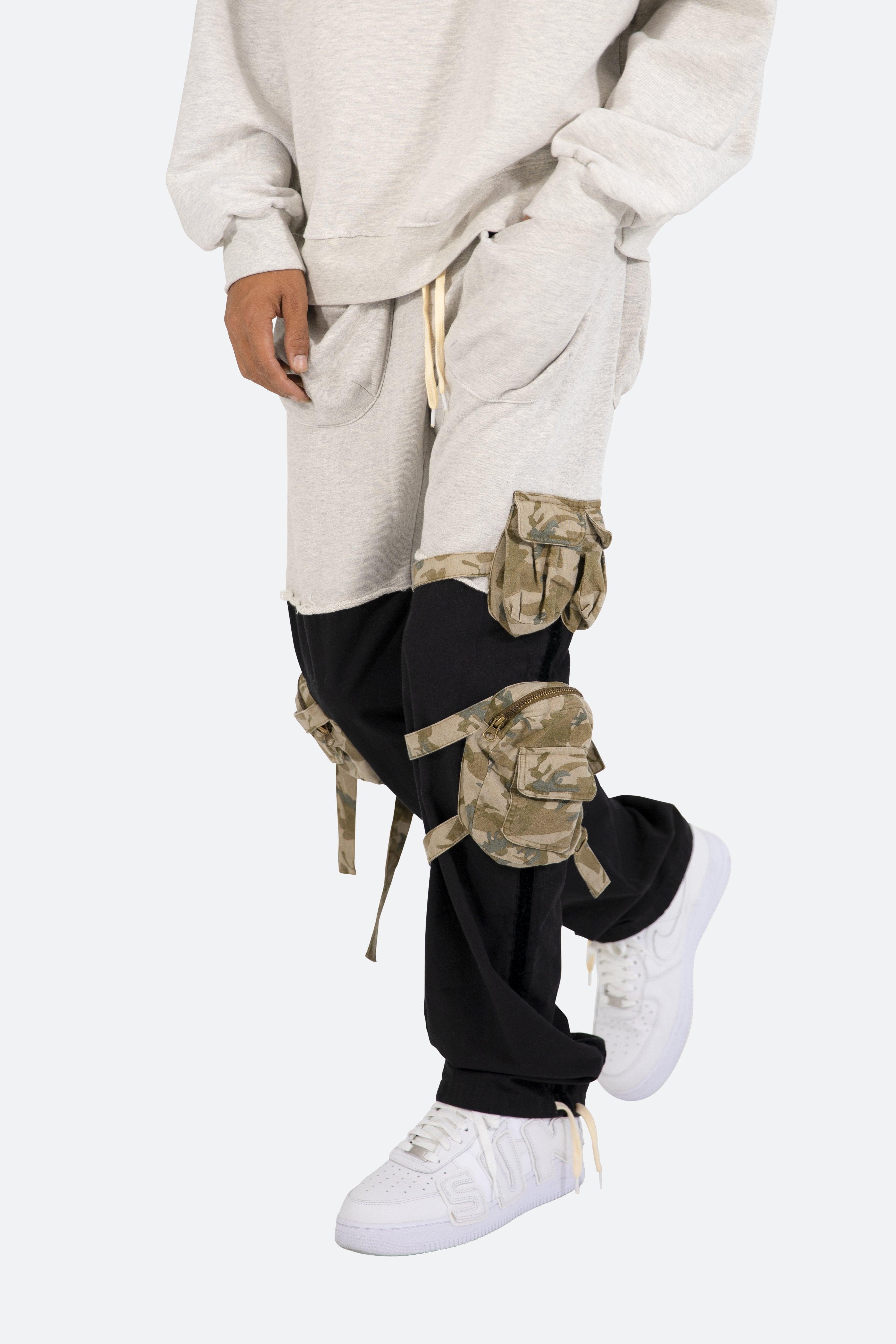 Mixed Material Cargo Pants - Black/Grey Product Image