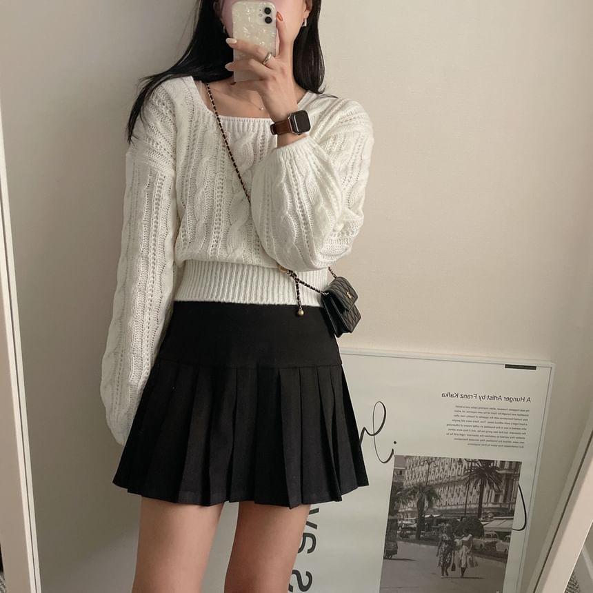 Square Neck Plain Cable Knit Sweater Product Image