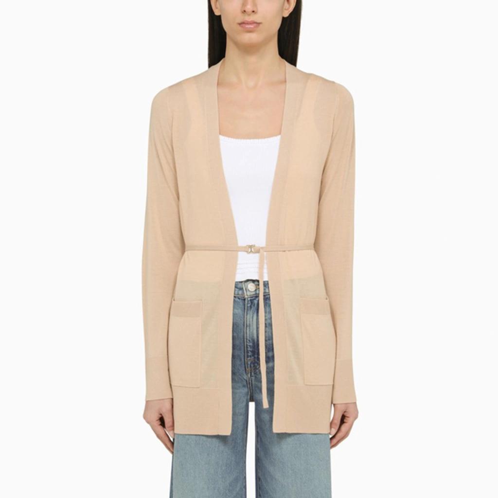 Long Cardigan With Beige Wool Belt In Cream Product Image