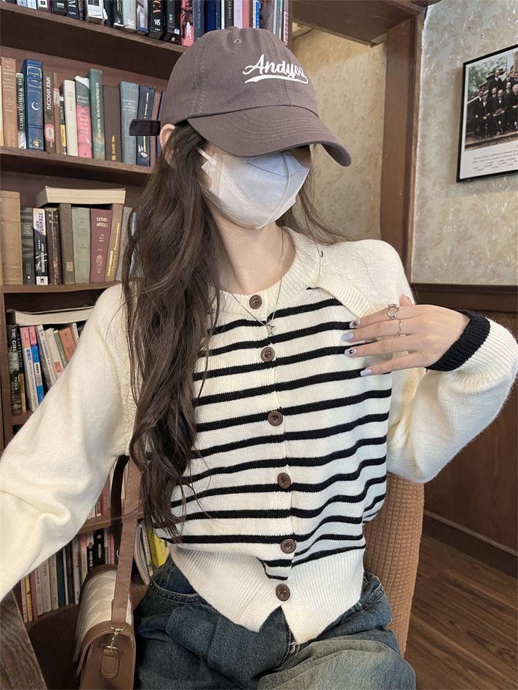 Crew Neck Striped Raglan Button-Up Cardigan Product Image