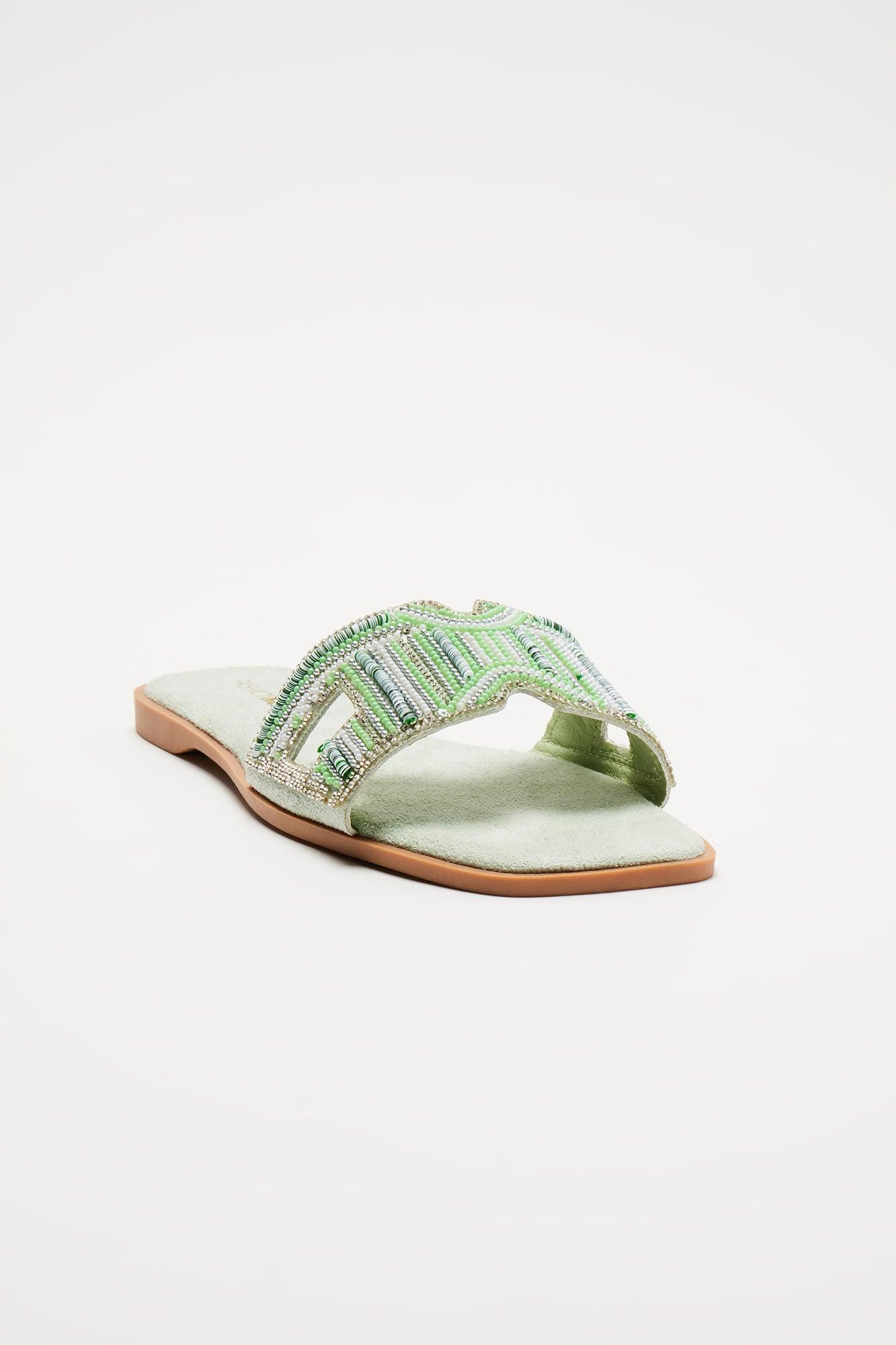 Kai Beaded Flat Sandals - Green Product Image