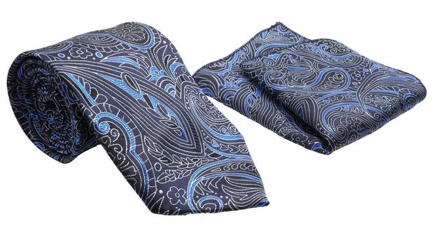 Blue Jacobean Pattern Men's Classic Tie and Pocket Square Set Male Product Image