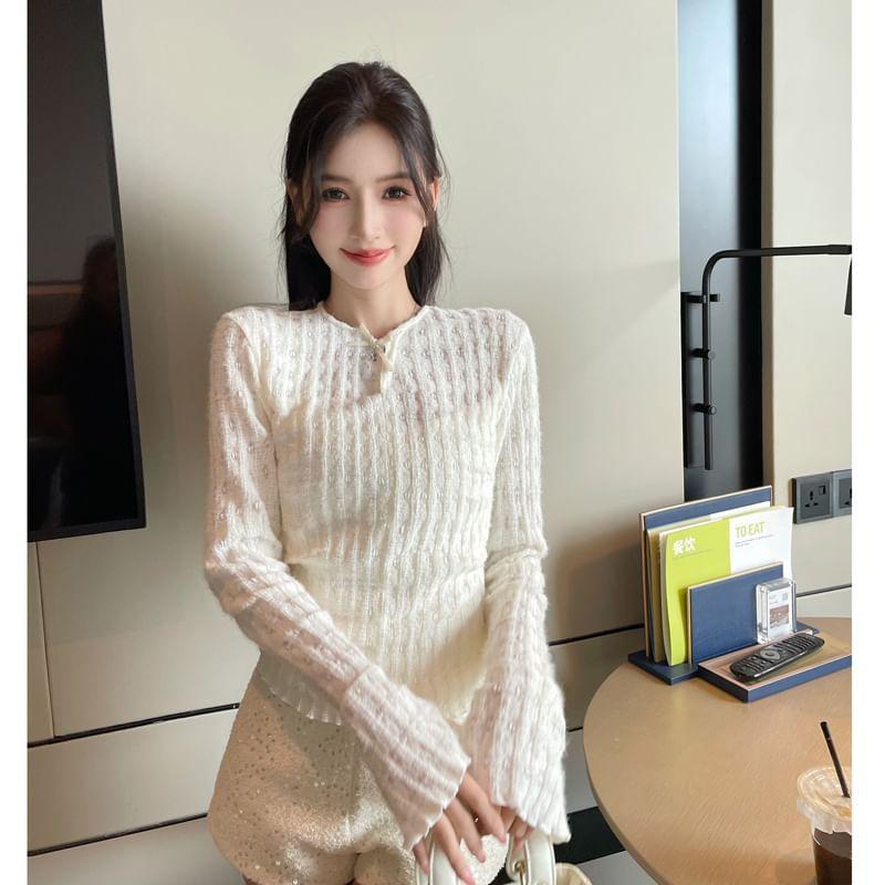 Long Sleeve Round Neck Plain Lace Top Product Image