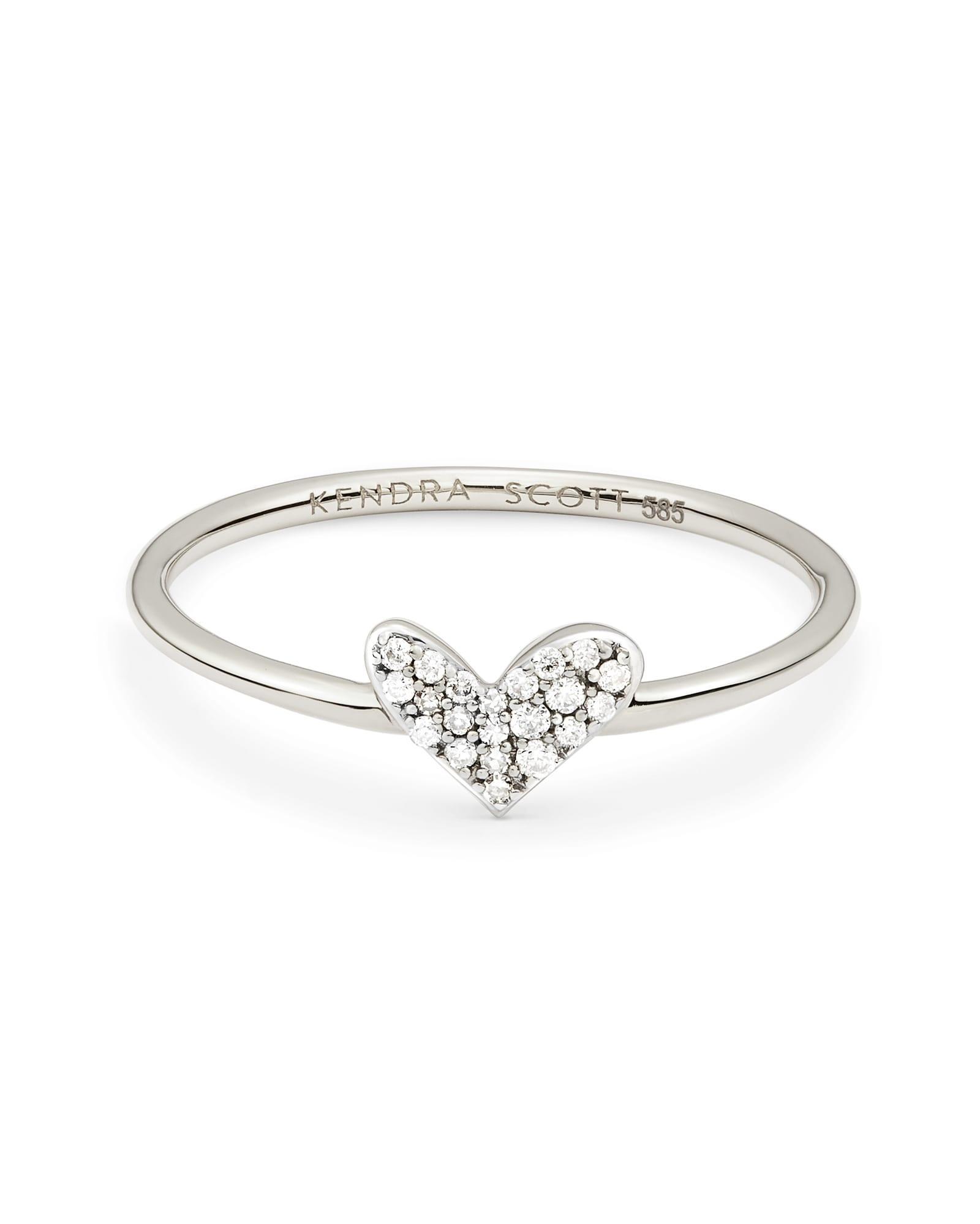 Heart 14k White Gold Band Ring in White Diamond  Product Image