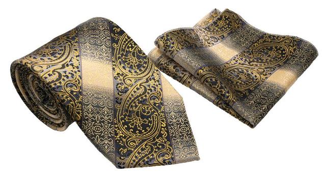 Black Gold Palmette Diagonal Pattern Men's Classic Tie and Pocket Square Set Product Image