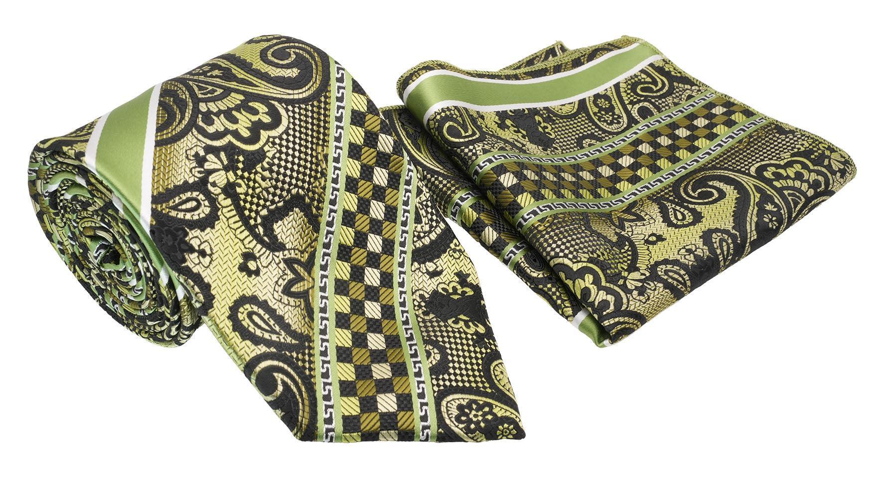 Lime Floral Check Pattern Men's Classic Tie and Pocket Square Set Male Product Image