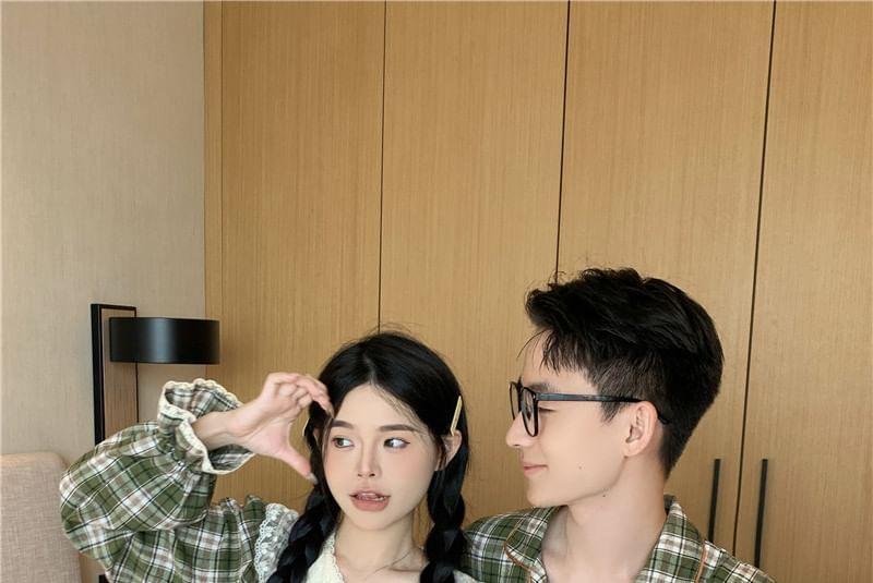 Couple Matching Long-Sleeve Notch Neck Plaid Lace Panel Pajama Top / Lapel Collar Button-Up Top / Pants / Set (Various Designs) Product Image