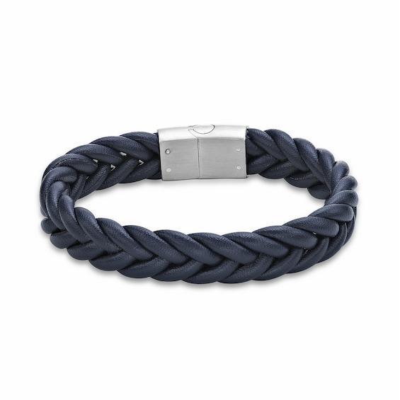 Men's 14.0mm Braided Blue Leather Bracelet with Stainless Steel Clasp - 8.25" Product Image