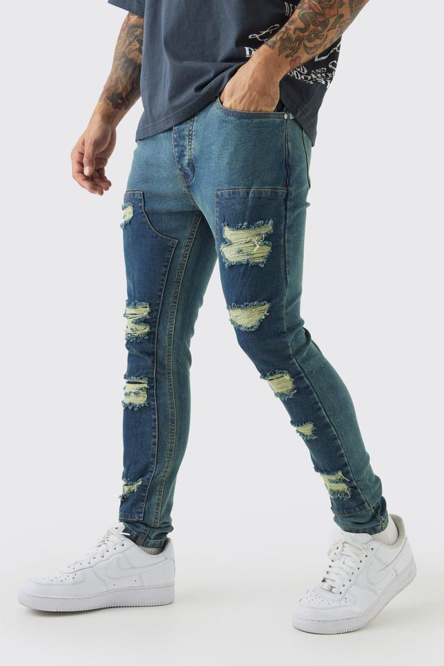 Super Skinny Stretch Carpenter Rip & Repair Denim Jeans | boohooMAN USA Product Image