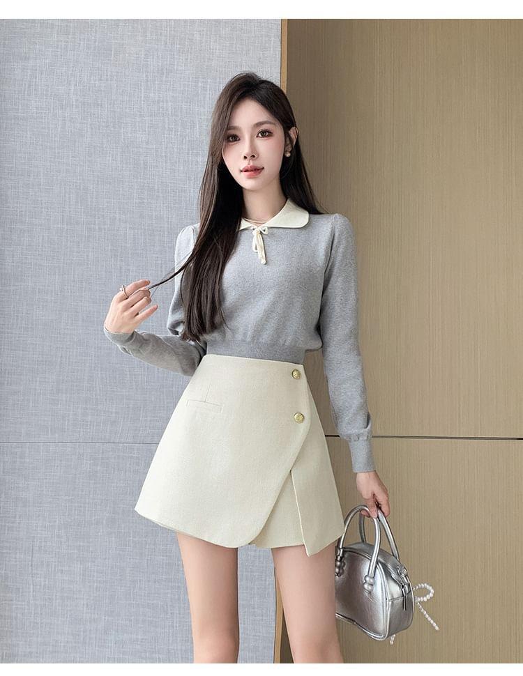 High Waist Plain Asymmetrical Slit Button Front Skort Product Image