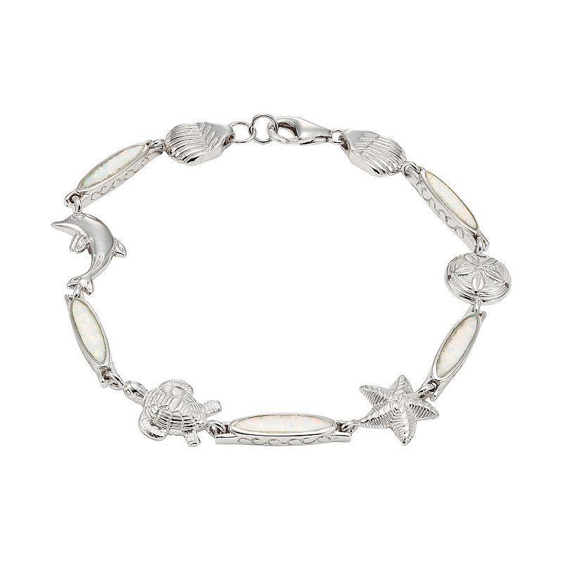 Lab-Created Opal Sterling Silver Turtle, Dolphin, Starfish & Seashell Bracelet, Womens White Product Image