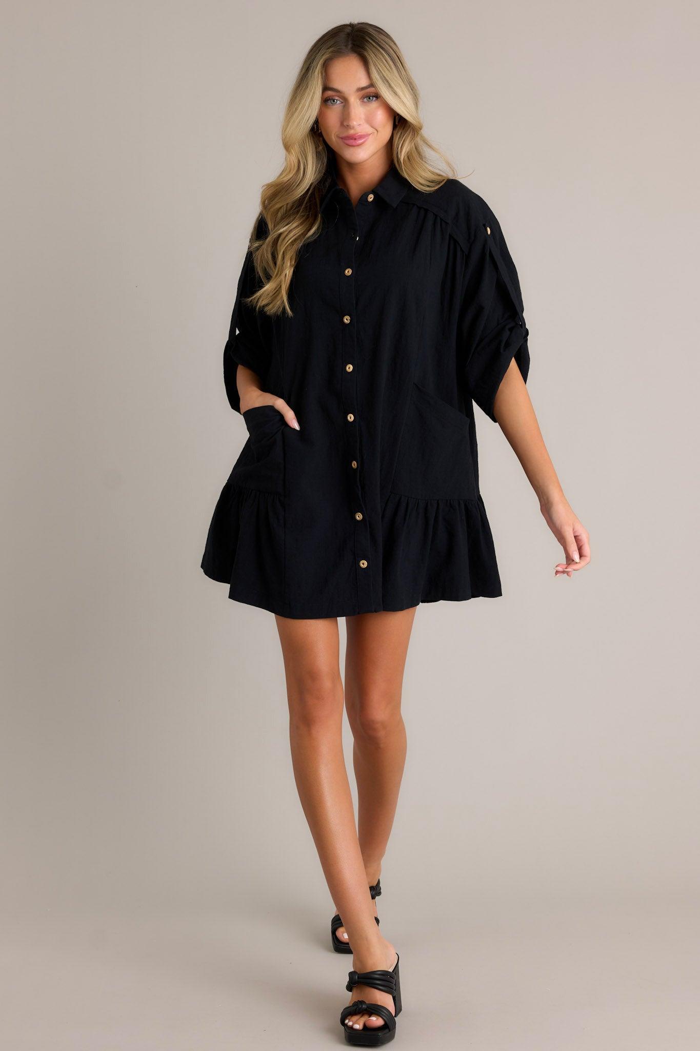 Posh Vision 100% Cotton Black Button Front Mini Dress Product Image