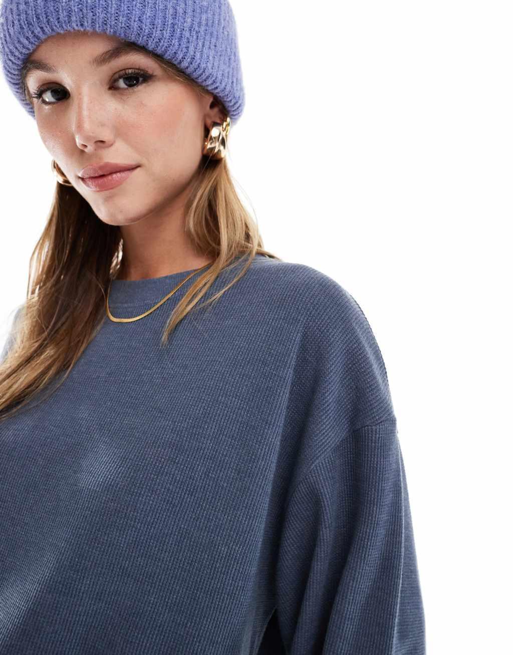 ASOS DESIGN oversized long sleeve t-shirt in waffle washed blue Product Image