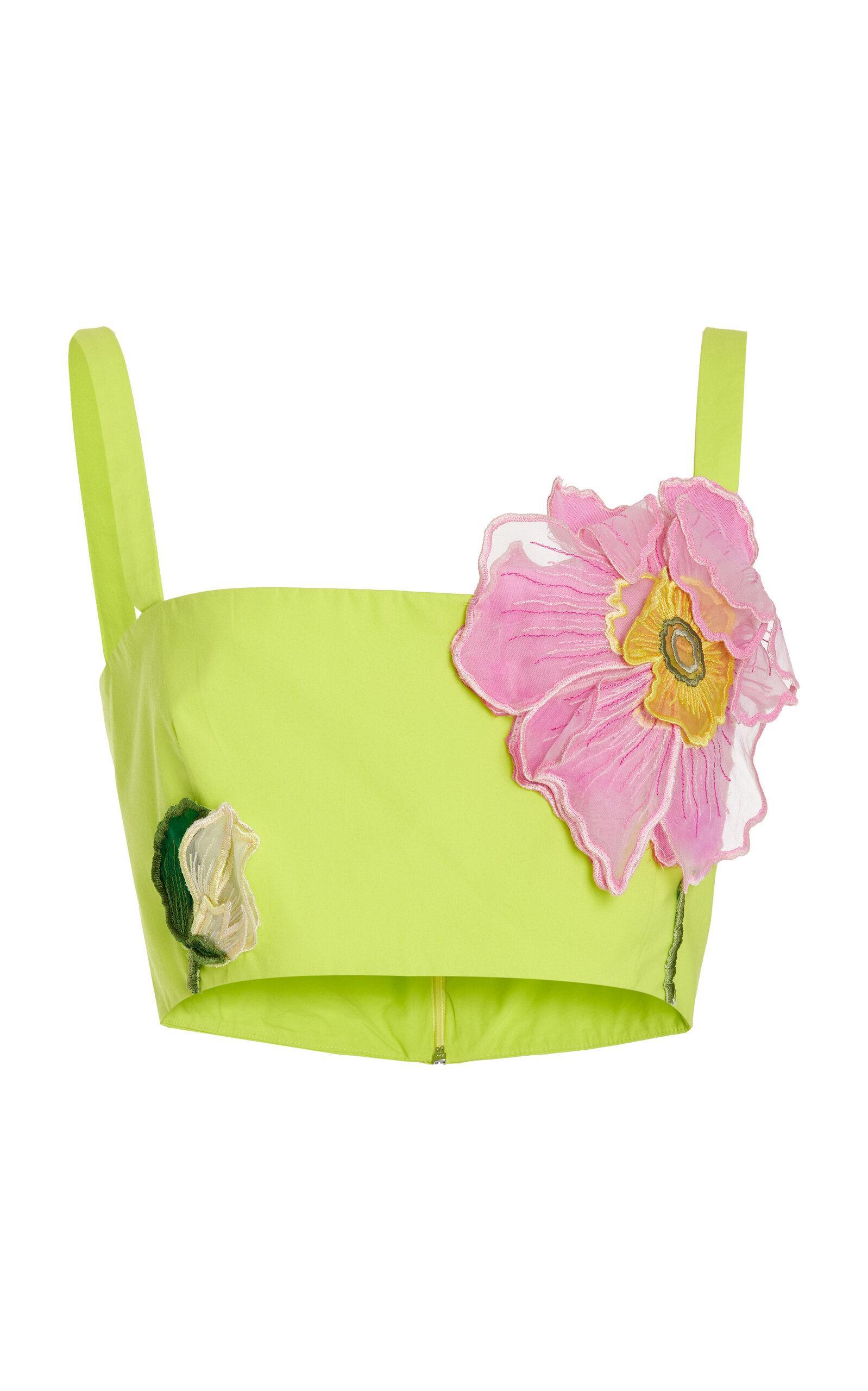 Floral-appliquéd Cropped Cotton Top In Neon Yellow Product Image