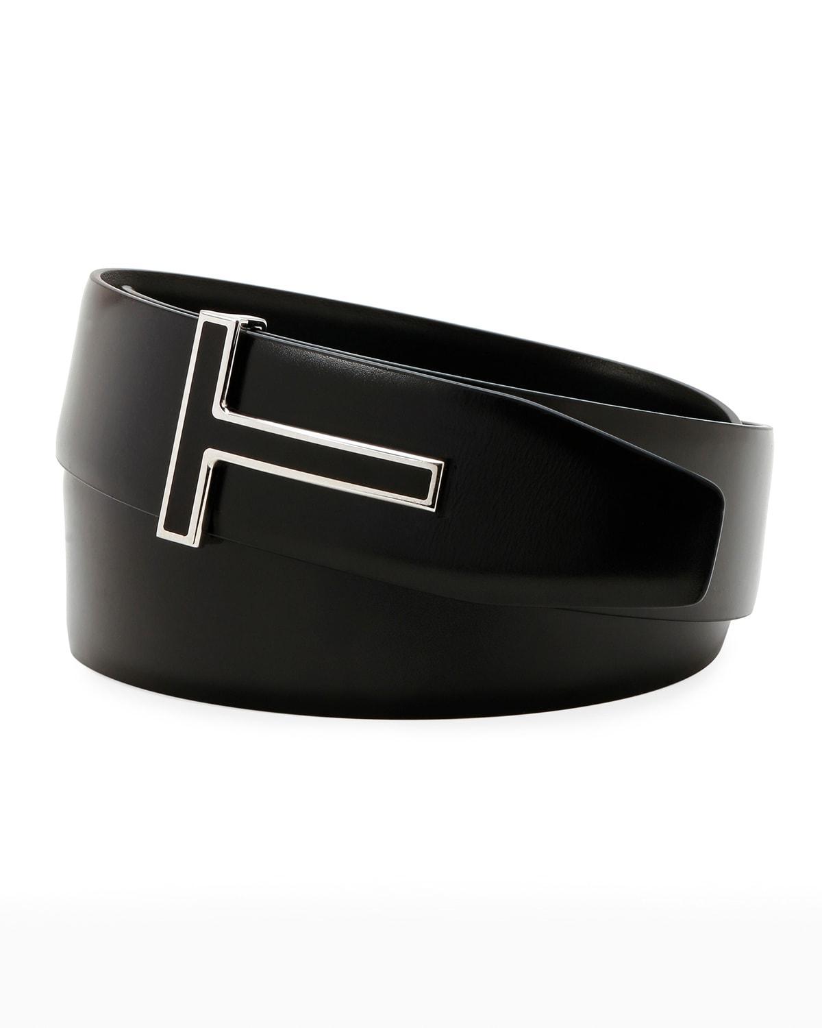 TOM FORD Men's Enamel T-Buckle Leather Belt - Size: 34in / 85cm - BLACK Product Image