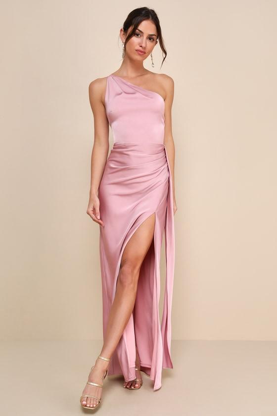 Signature Elegance Rose Satin One-Shoulder Maxi Dress Product Image