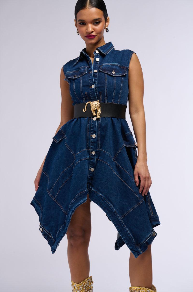 WINONA CAP SLEEVE BUTTON DOWN DENIM MIDI DRESS IN DARK BLUE product image