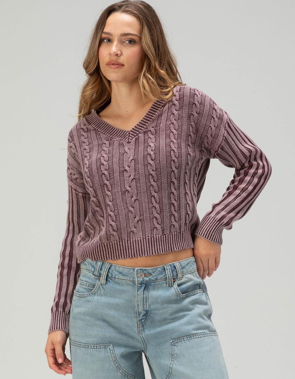 RSQ Womens Washed Cable Knit V-Neck Sweater Product Image