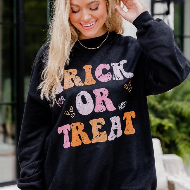 Trick or Treat Black Oversized Graphic Sweatshirt Product Image