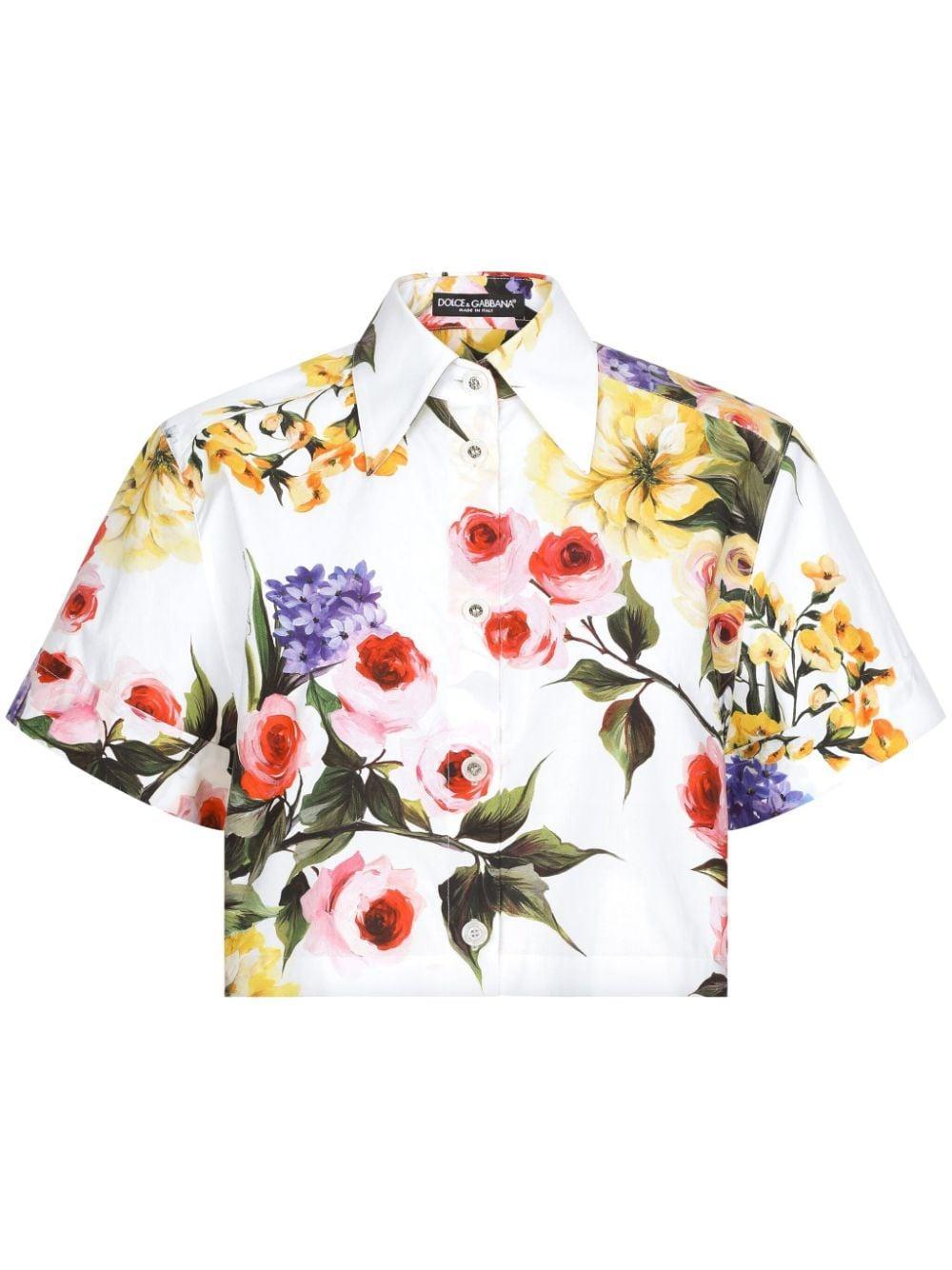 Floral-print Cotton Cropped Shirt In Multicolor Product Image