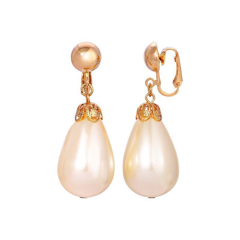 1928 Gold Tone Pear-Shaped Faux Pearl Clip-On Earrings, Womens, White Product Image