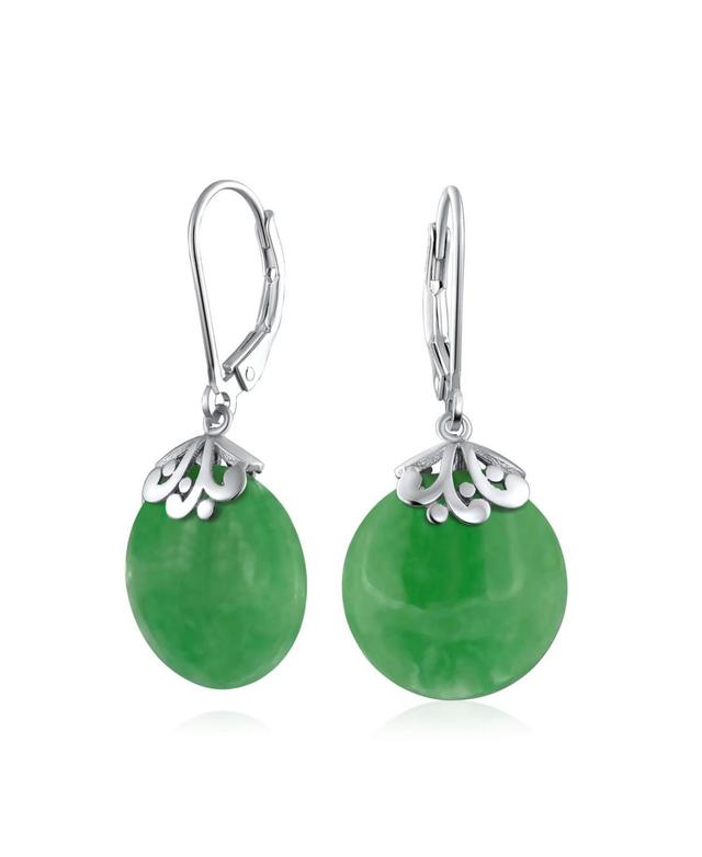 Bling Jewelry Western Style Filigree Lever Back Gemstones Green Dyed Jade Flat Round Circle Disc Dangle Drops Earrings For Women .925 Sterling Silver Product Image