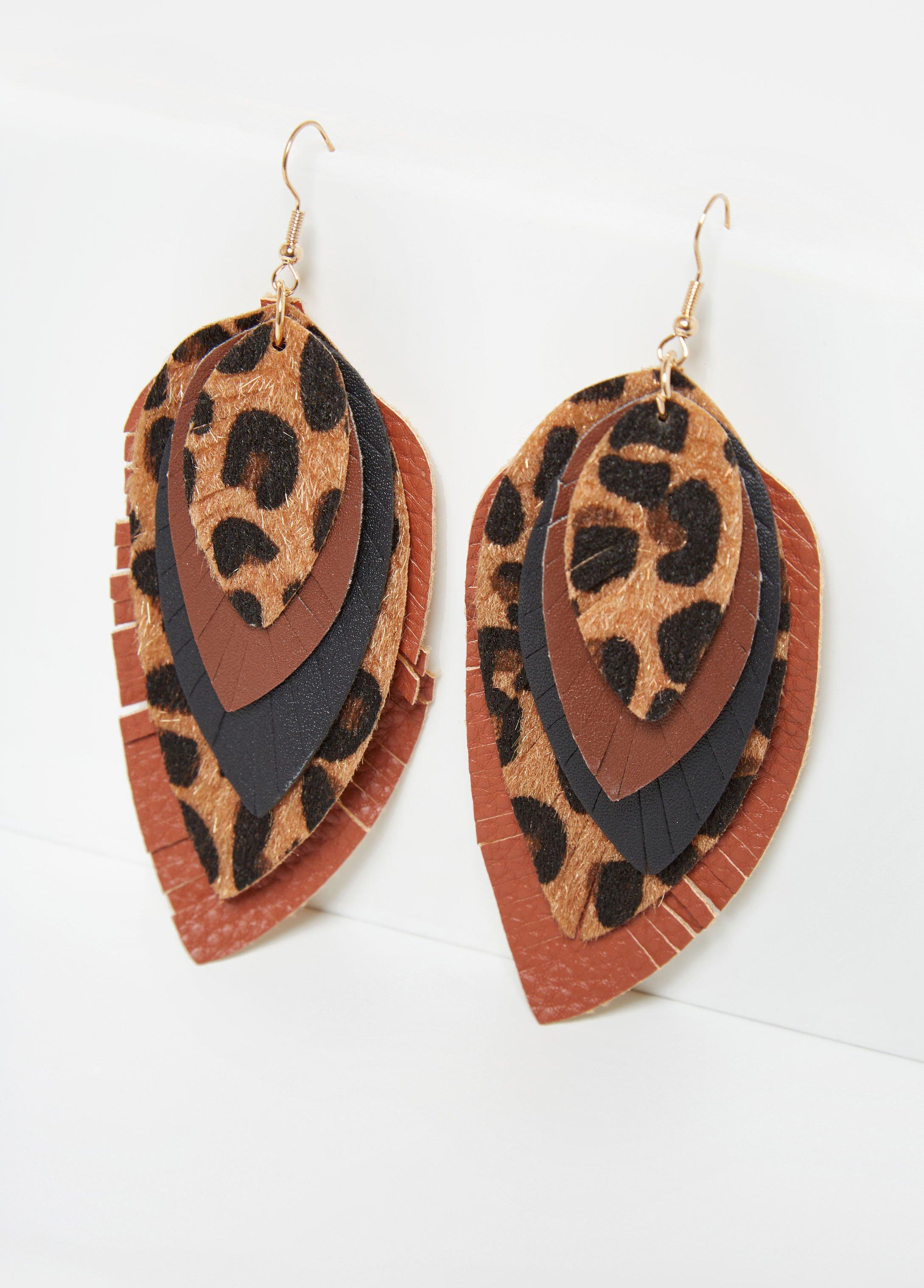 Plus Size Faux Fur And Leather Leaf Earrings Ashley Stewart Product Image