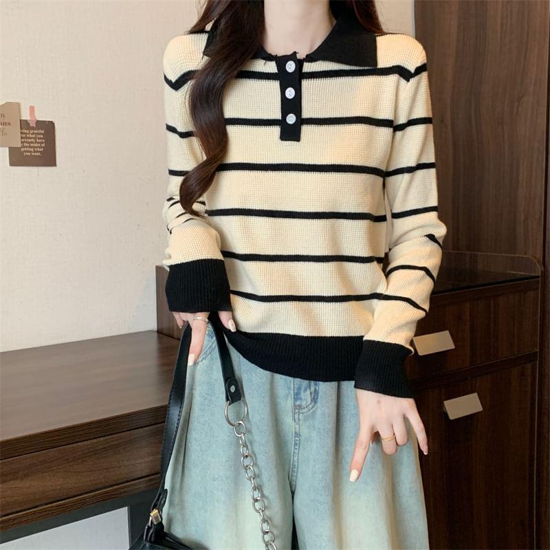 Long-Sleeve Striped Contrast Trim Knit Polo Shirt Product Image