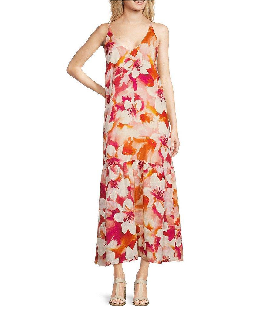 tyler boe Lexi Linen Floral Print Halter V-Neck Sleeveless Drop Waist Maxi A-Line Dress Product Image