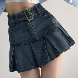 High Rise Belted Denim Mini A-Line  Skirt Product Image