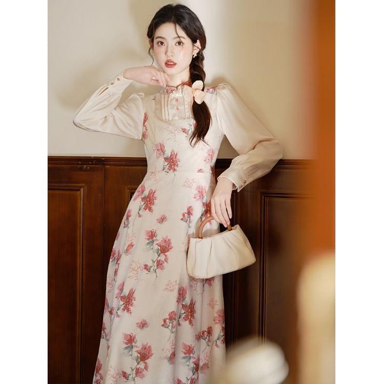 Long-Sleeve Mandarin Collar Floral Midi A-Line Dress Product Image