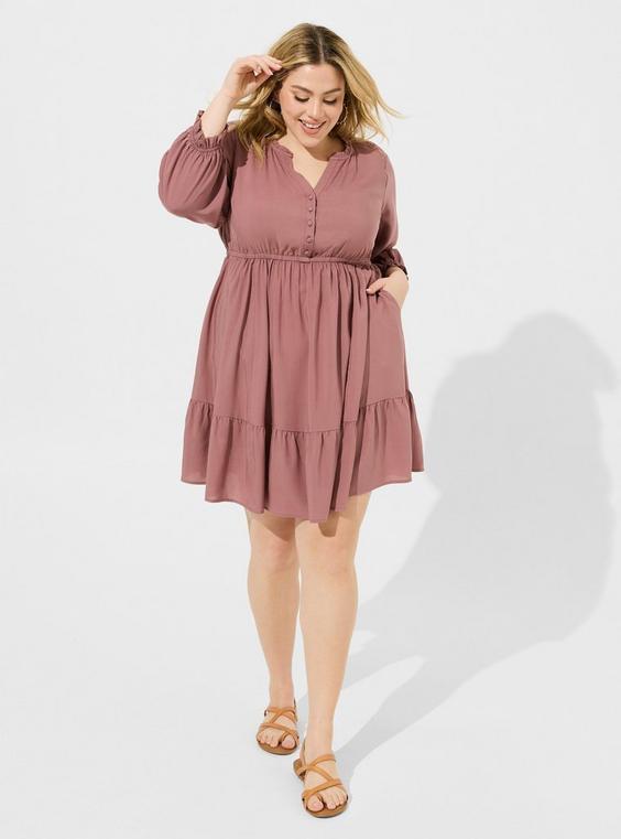 Mini Challis Ruffle Neck 3/4 Sleeve Shirt Dress Product Image