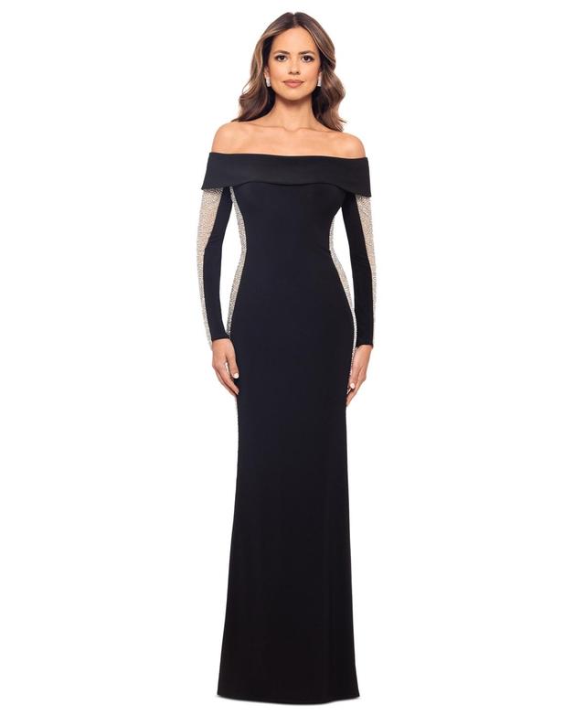 Xscape Womens Embellished Off-The-Shoulder Gown - Black/Nude Product Image