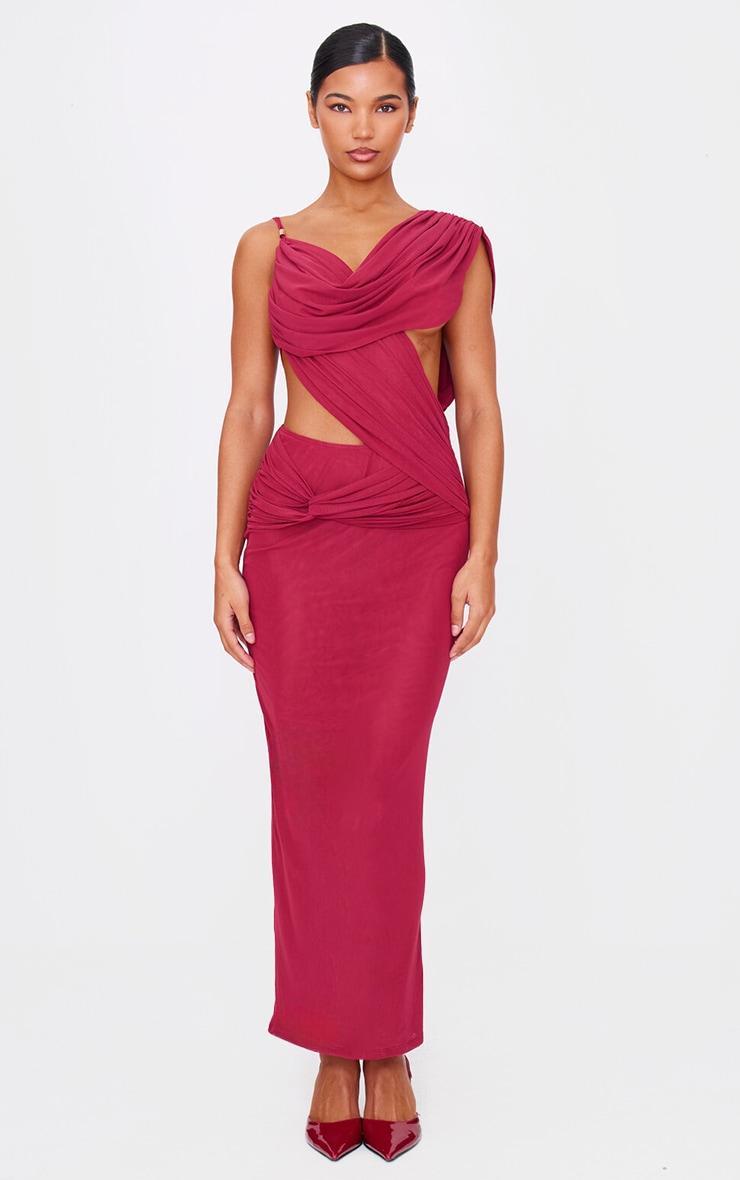 Burgundy Mesh Draped Cut Out Maxi Dress Product Image